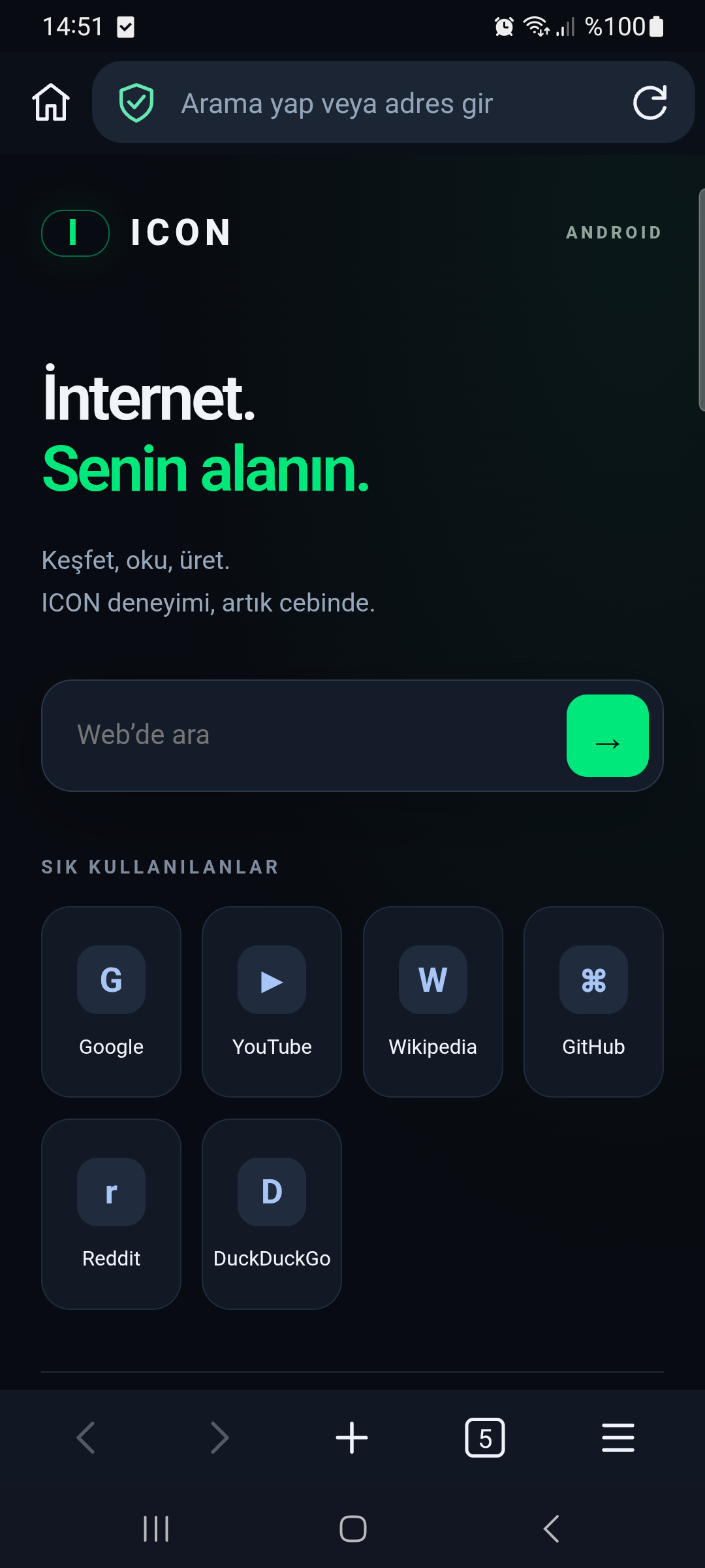 ICON Browser mobil ana ekranı